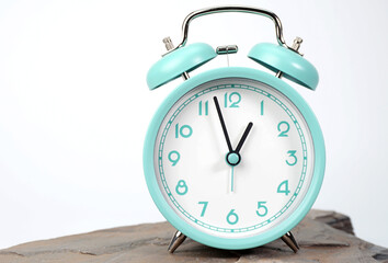 Blue Alarm clock on white background Showtime 12.547 am or pm. Second hand moves slowly, Time concept.