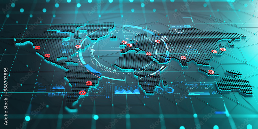 Fototapete Technological innovation. Map of continents with points of largest agglomerations. HUD element. 3d illustration with shallow depth of field
