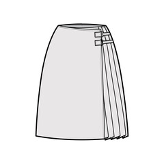 Skirt kilt wrap technical fashion illustration with straight knee silhouette, close with carabiner connector. Flat bottom template front, grey color style. Women, men, unisex CAD mockup