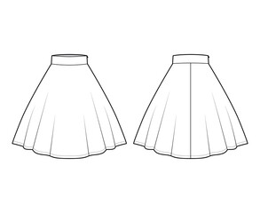 Skirt circular fullness technical fashion illustration with below-the-knee lengths silhouette, thick waistband. Flat bottom template front, back, white color style. Women men unisex CAD mockup