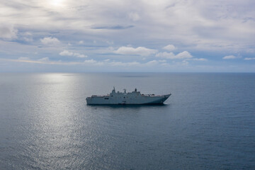 Military boat on the open sea Aerial view of battleship, Military sea transport, Military Navy...