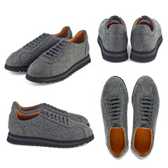 Set of four angles of a beautiful pair of demi-season men's shoes made of gray solid wool with laces and black sole with ribbed tread, isolated on a white background with shadow.
