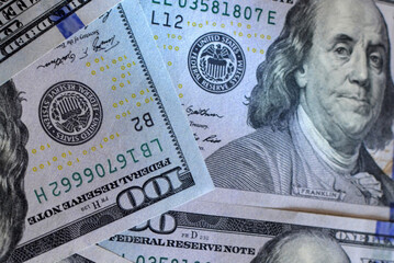 US one hundred dollar bills background. Money american hundred texture notes design. Financial...