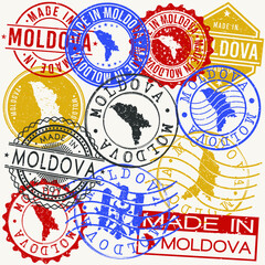 Moldova Set of Stamps. Travel Passport Stamp. Made In Product. Design Seals Old Style Insignia. Icon Clip Art Vector.