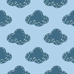 Minimalistic seamless sky pattern with clouds abstract silhouettes. Hand drawn shapes in blue and navy palette artwork.