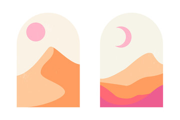 Set of abstract mountain and desert landscapes in arches in an aesthetic, minimalist mid-century style in soft pink and sand colors. Boho style landscape with sun, moon and sand dunes at sunset.