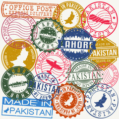 Lahore Pakistan. Set of Stamps. Travel Stamp. Made In Product. Design Seals Old Style Insignia.