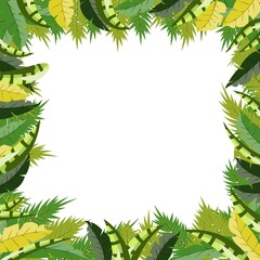 Trendy tropical palm tree branches and tropical plants leaves nature vector poster in a green and yellow light and dark colors