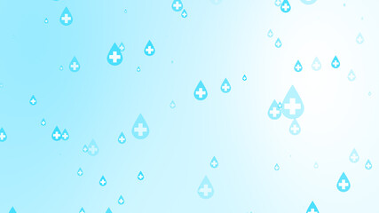 Medical health cross white on blue sanitizer drop pattern background.