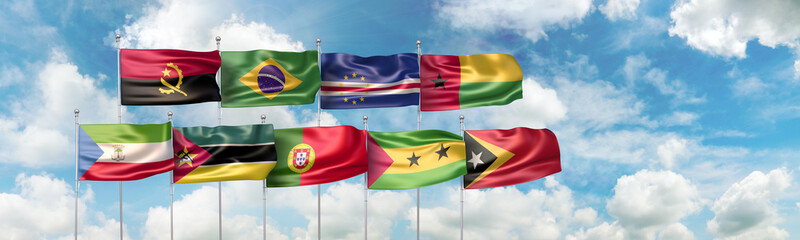3D Illustration with national flags of the nine states which are full members of the Community of Portuguese Language Countries (Lusophone Commonwealth or CPLP) - obrazy, fototapety, plakaty