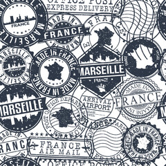 Marseille France Stamps Background. City Stamp Vector Art. Postal Passport Travel. Design Set Pattern.