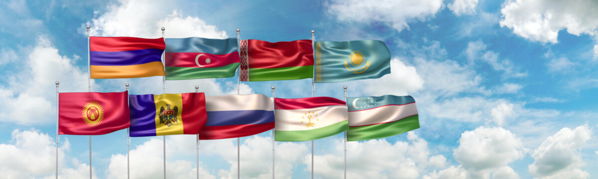 3D Illustration with national flags of the nine countries which are full member states of The Commonwealth of Independent States (CIS or Russian Commonwealth) regional intergovernmental organization