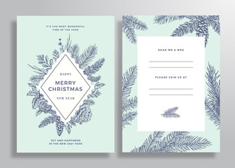 Christmas Abstract Vector Frame Greeting Card, Poster or Background. Back and Front Invitation Design Layout with Classy Typography. Sketch Pine Branches, Holly, Mistletoe and Flowers. Isolated
