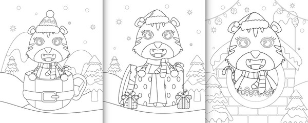 coloring book with cute tiger christmas characters