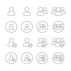 Simple Set of Business People Vector Thin Line Icons with round. Contains such as group of people, delete, decrease, ban, cancle, fire, exclude, minus, negative and more. illustration eps 10