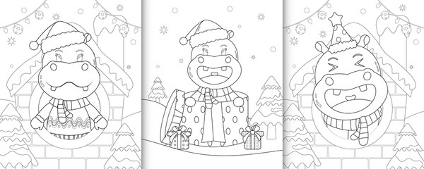 Fototapeta na wymiar coloring book with cute hippo christmas characters