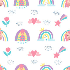 Seamless pattern with cute bright rainbow, unicorn, stars, flowers in vector graphics. For decorating covers, prints for children's clothing, pajamas, t-shirts, wrapping paper