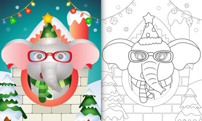 coloring book with a cute elephant christmas characters using hat and scarf inside the house