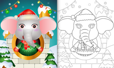 coloring book with a cute elephant christmas characters using santa hat and scarf inside the house