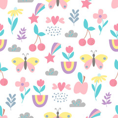 Seamless pattern with cute butterfly, apple, flowers, leaves, berries and clouds. For decorating covers, prints for children's clothing, pajamas, t-shirts