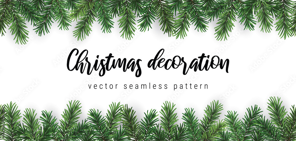 Wall mural vector seamless coniferous branch christmas horizontal pattern or frame isolated on white background