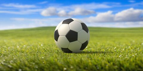 Fototapeta premium Soccer ball, football close up view, green grass field, blue sky background. 3d illustration.