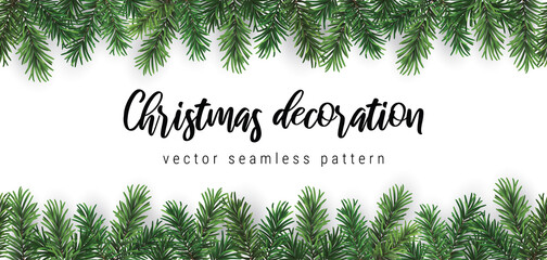 Vector seamless coniferous branch christmas horizontal pattern or frame isolated on white background © Kateina