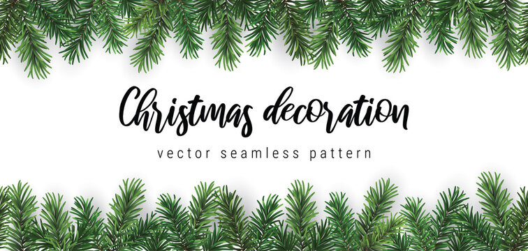 Vector seamless coniferous branch christmas horizontal pattern or frame isolated on white background