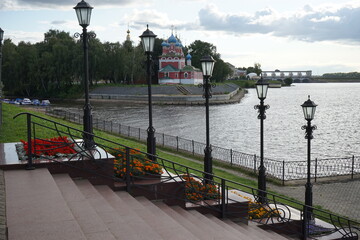view of the Volga and the Uglich Kremlin from the embankment. Russia. Summer