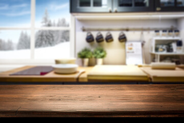 Desk of free space and kitchen interior 