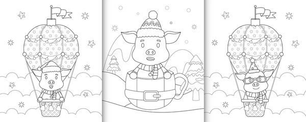 coloring book with cute pig christmas characters