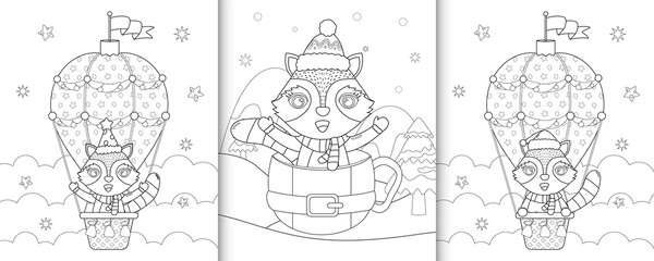 coloring book with cute raccoon christmas characters