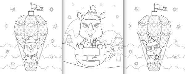 coloring book with cute rhino christmas characters