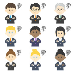 腕を組んで悩むビジネスマンのイラストセット