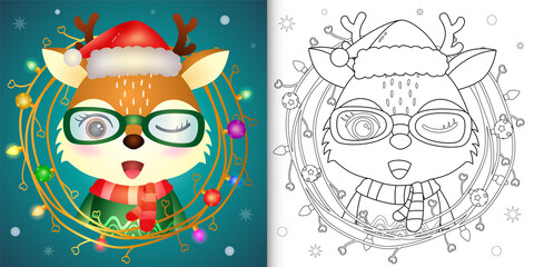 coloring book with a cute deer with twigs decoration christmas