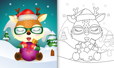 coloring book with a cute deer hug christmas ball