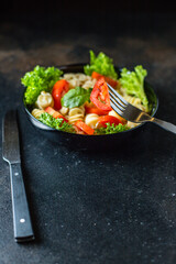 pasta salad tomato vegetables lettuce healthy gluten free ingredient vitamins snack top view copy space for text food background rustic