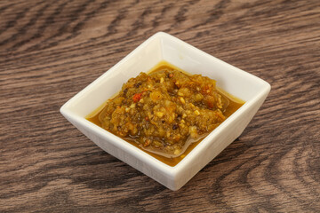 Green spicy sauce in the bowl