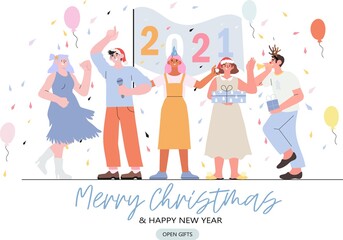 Fototapeta na wymiar Merry Christmas and happy new year banner, flyer, landing page with people having fun and holding flag with 2020 numbers of the next year. Christmas party with baloons and gifts and smiling people.