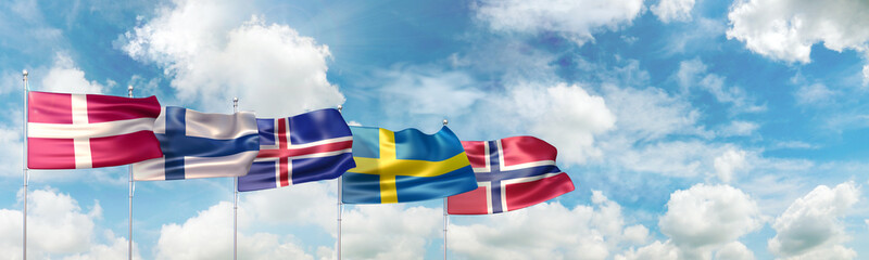 3D Illustration with the national flags of Denmark, Finland, Iceland, Sweden and Norway waving against blue sky