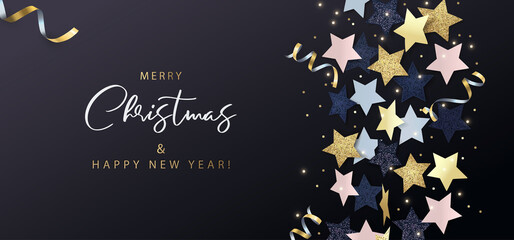 Merry Christmas and Happy New Year banner, greeting card, poster, holiday cover, header. Holiday design with falling stars, tinsel and confetti on black background. Winter festive decoration. 