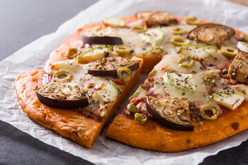 Autumn pumpkin pizza with vegetables 	