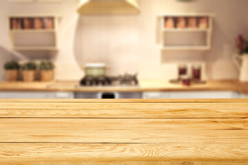 Desk of free space and kitchen interior 