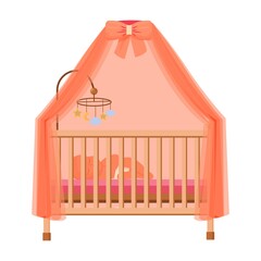 Little cute baby sleeping in cradle, bed with mobile and tent isolated on white background. Detailed decoration clipart, design element.