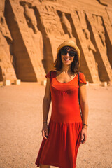 A young tourist in red dress visiting the Temple of Nefertari near Abu Simbel in southern Egypt in Nubia next to Lake Nasser. Temple of Pharaoh Ramses II, travel lifestyle