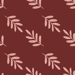 Fototapeta na wymiar Pink leaves branches ornament seamless doodle pattern. Maroon background. Minimalistic nature backdrop.