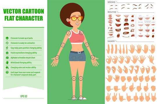 Cartoon flat funny sport woman character in jeans shorts and sunglasses. Ready for animation. Face expressions, eyes, brows, mouth and hands easy to edit. Isolated on green background. Vector set.