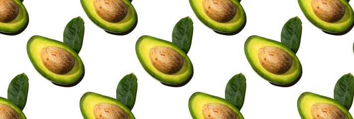 Seamless pattern of half avocado with bone and leaf, shadow. Healthy vegetarian food, background...