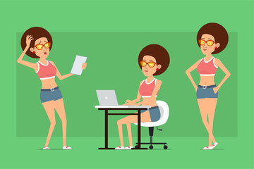 Cartoon flat funny sport woman character in shirt, jeans shorts and sunglasses. Ready for animation. Girl reading note, working on laptop and posing. Isolated on green background. Vector set.