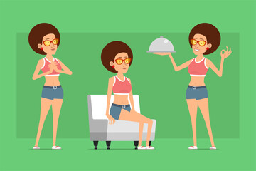 Cartoon flat funny sport woman character in shirt, jeans shorts and sunglasses. Ready for animation. Girl resting, holding metal tray and showing okay sign. Isolated on green background. Vector set.